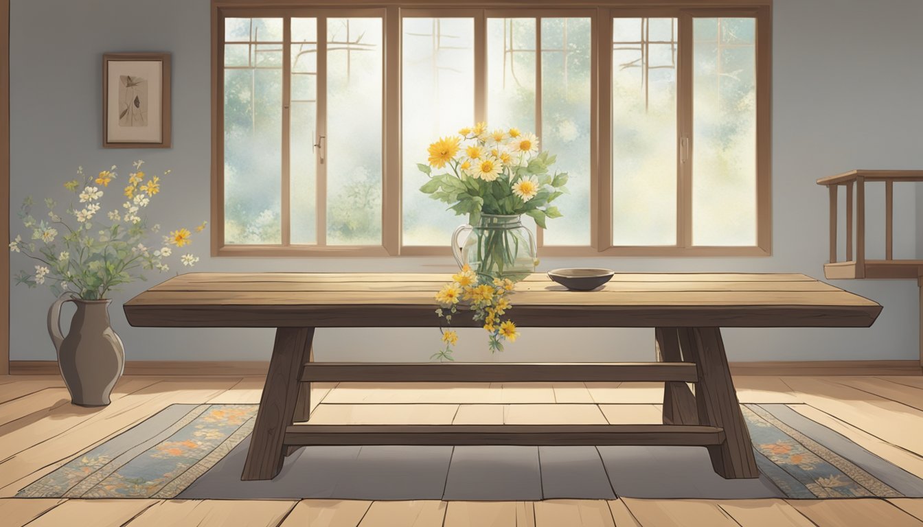 A simple, weathered wooden table with a crack, a vase of imperfect, wildflowers, and a worn, woven rug on a tatami mat floor