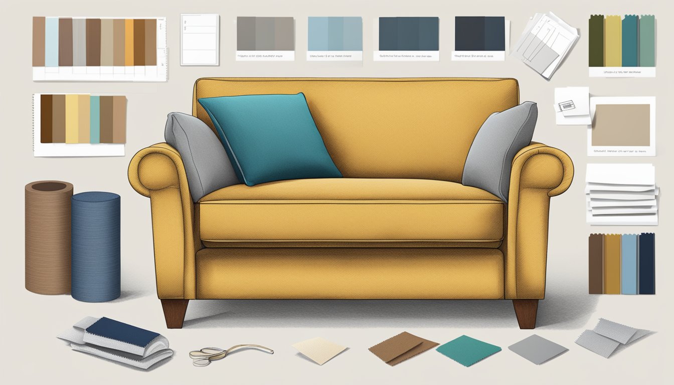 A 1-seater recliner sofa surrounded by various fabric swatches, with a measuring tape and a notepad on the side