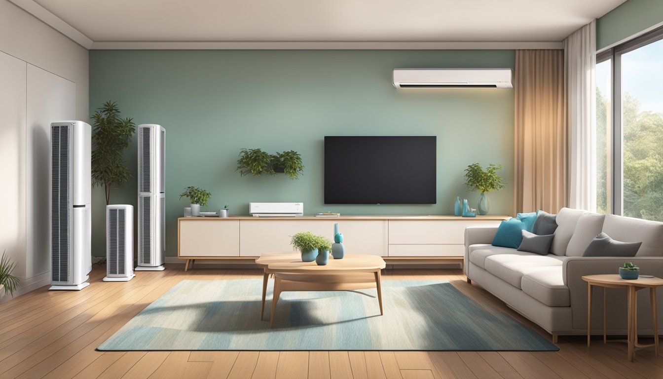 Three Daikin air conditioning units arranged in a living room, with remote controls nearby and cool air flowing into the space