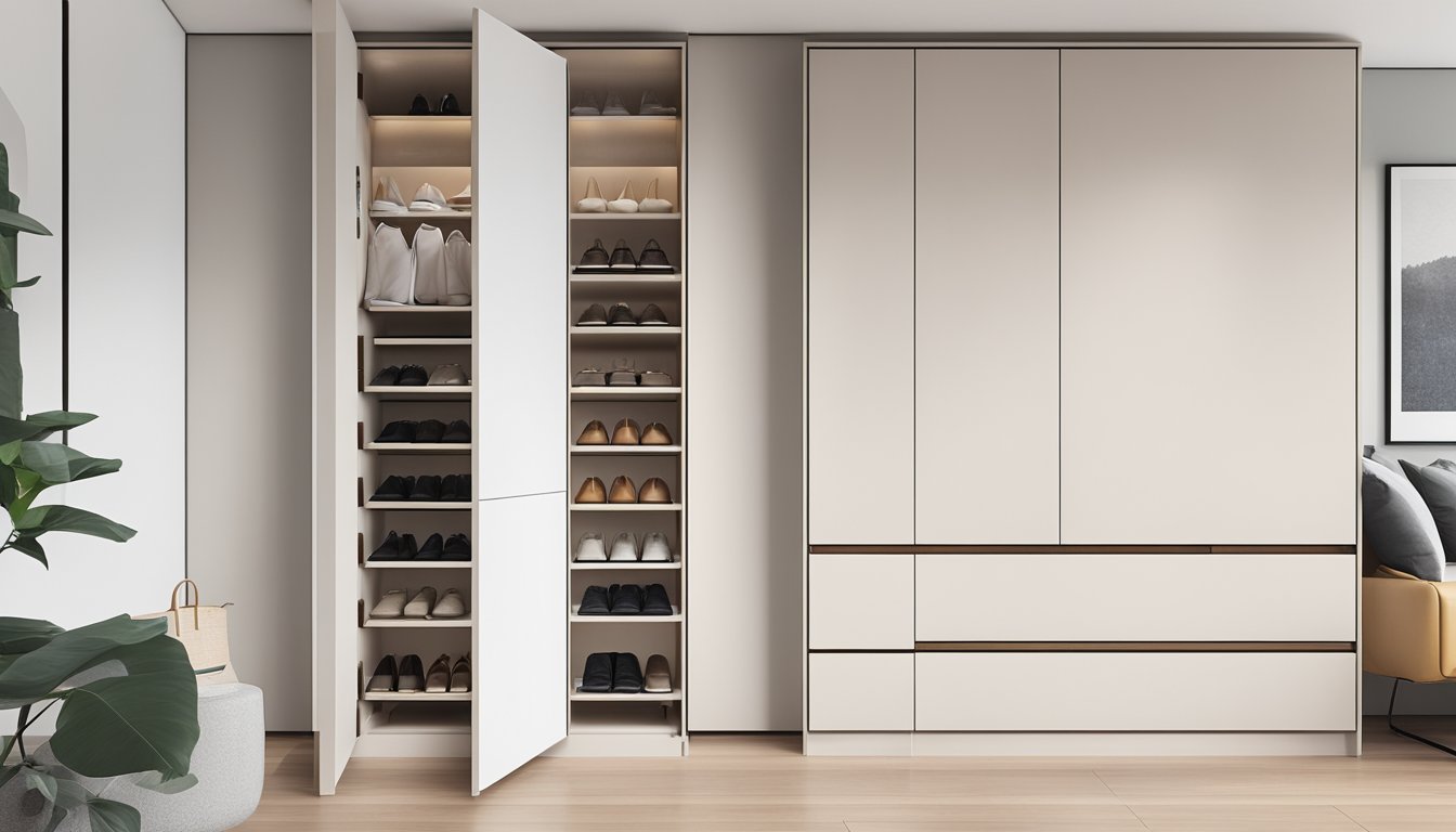 A narrow shoe cabinet stands against a white wall in a modern Singaporean home, with sleek design and minimalistic details