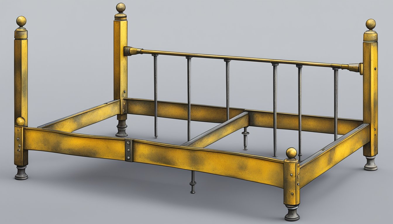 A simple, metal king size bed frame with worn paint and visible screws