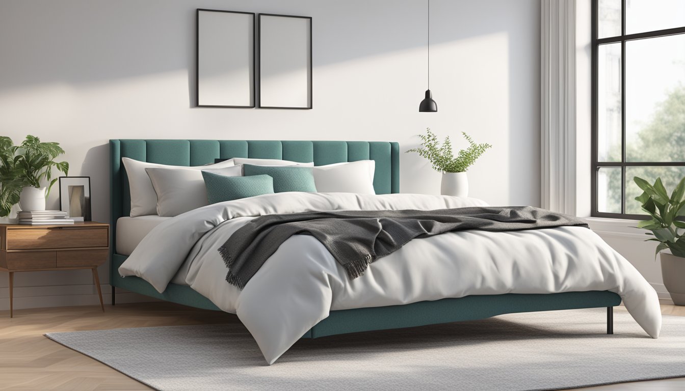 A sturdy metal king size bed frame sits against a plain white wall, surrounded by a few scattered pillows and a cozy comforter