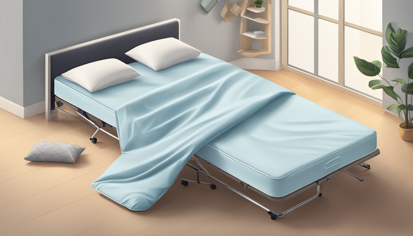 A person unfolds a folding bed, revealing a comfortable mattress