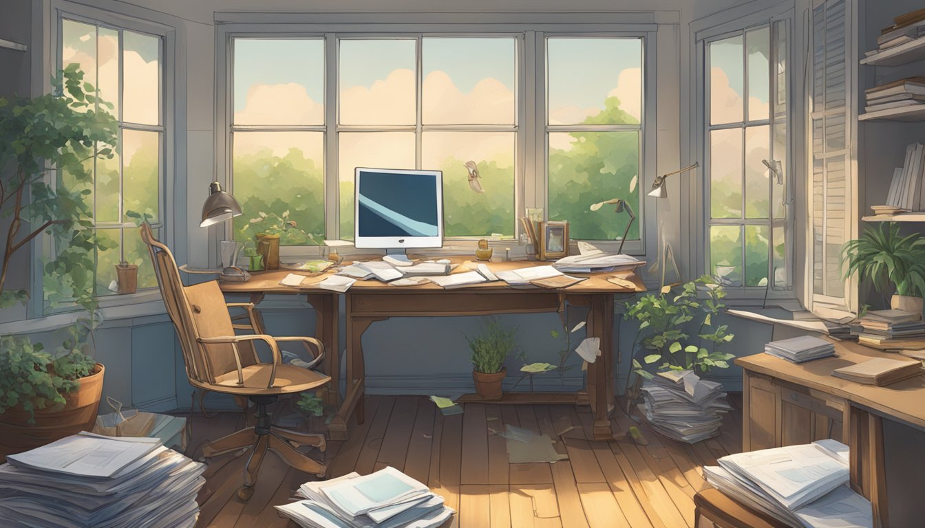 A cluttered desk with scattered papers, a worn-out chair, and a cracked window overlooking a serene garden