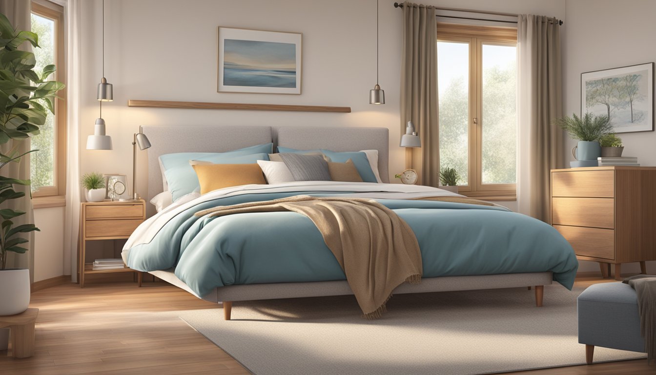 A cozy bedroom with a plush mattress featuring bonnell spring technology, surrounded by soft pillows and a warm, inviting atmosphere