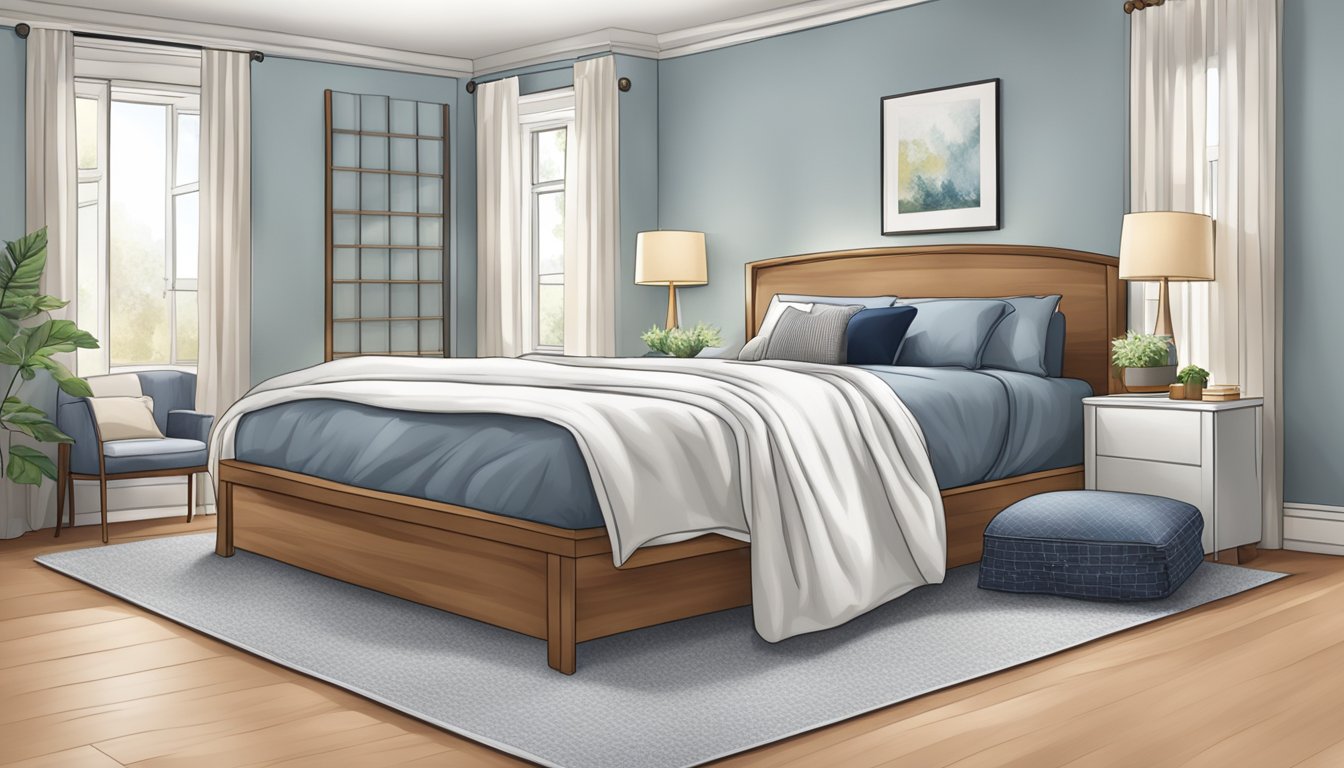 A person assembling a king size bed frame, then placing it in a bedroom with fresh sheets and pillows