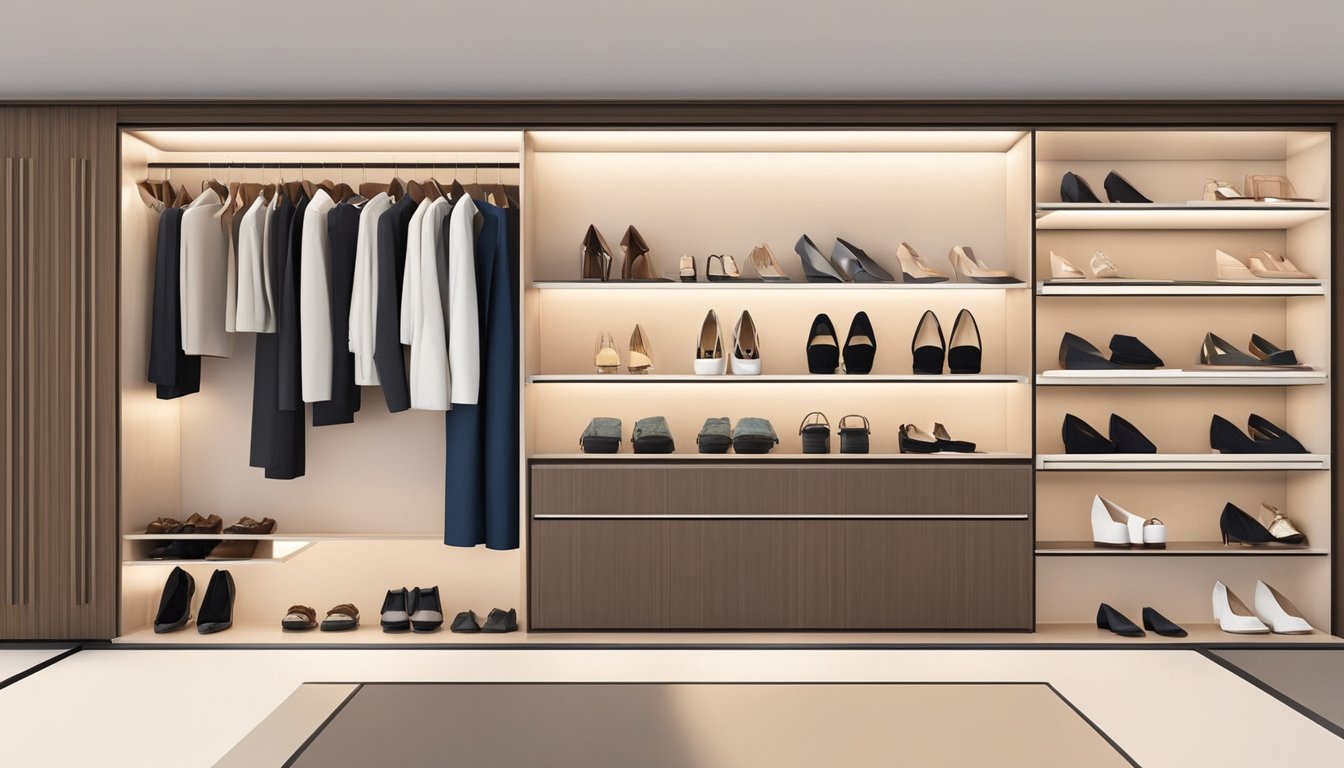 A woman in a modern Singapore home opens a sleek, slim shoe cabinet, carefully arranging her collection inside. The cabinet fits seamlessly into the space, adding a touch of elegance to the room