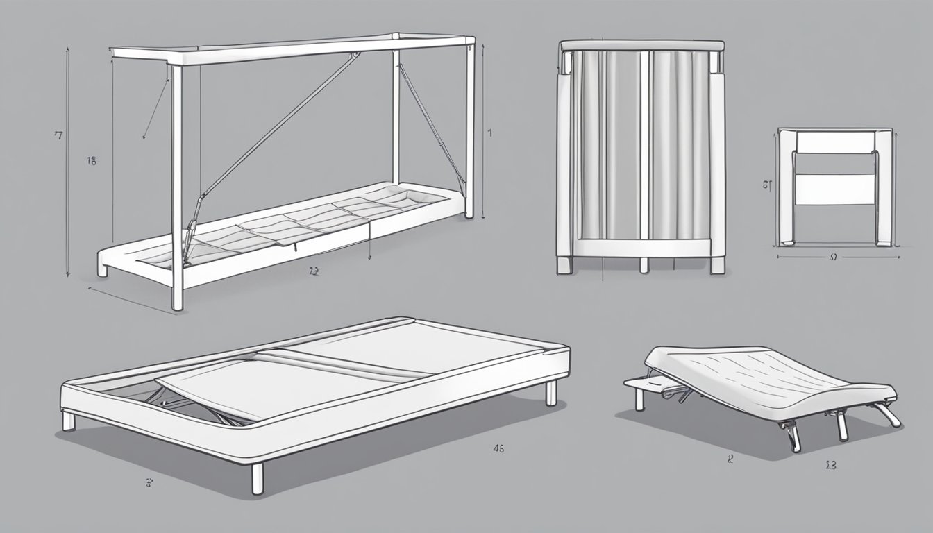 A person unfolds a bed frame, places a mattress on top, and secures it with straps. They then demonstrate how to fold the bed back up for storage