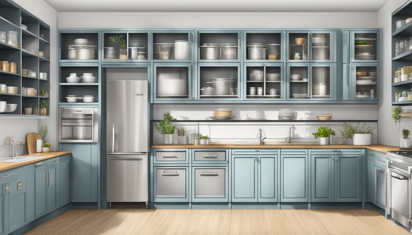 A set of portable kitchen cabinets arranged in a compact and organized manner, with various shelves, drawers, and doors