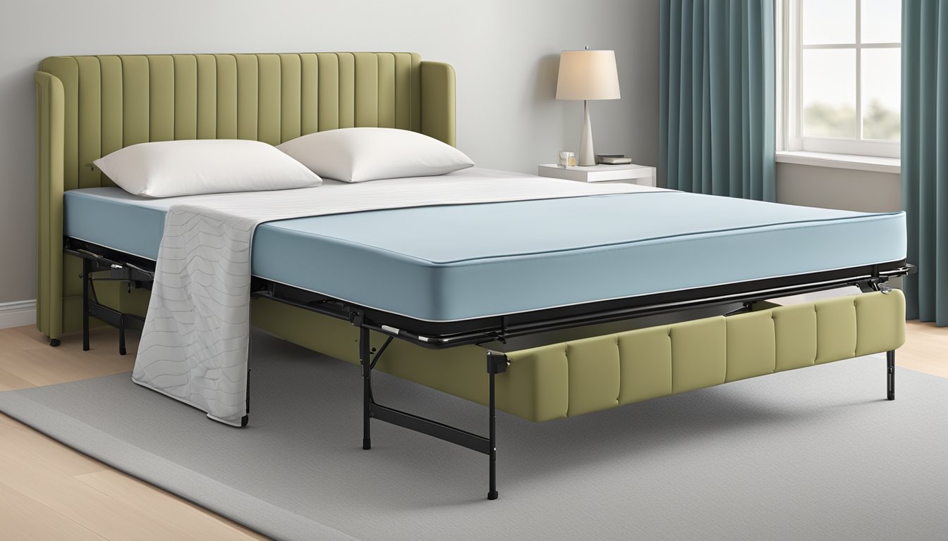 A folding bed with a mattress is being set up in a room, with the bed frame unfolded and the mattress being placed on top