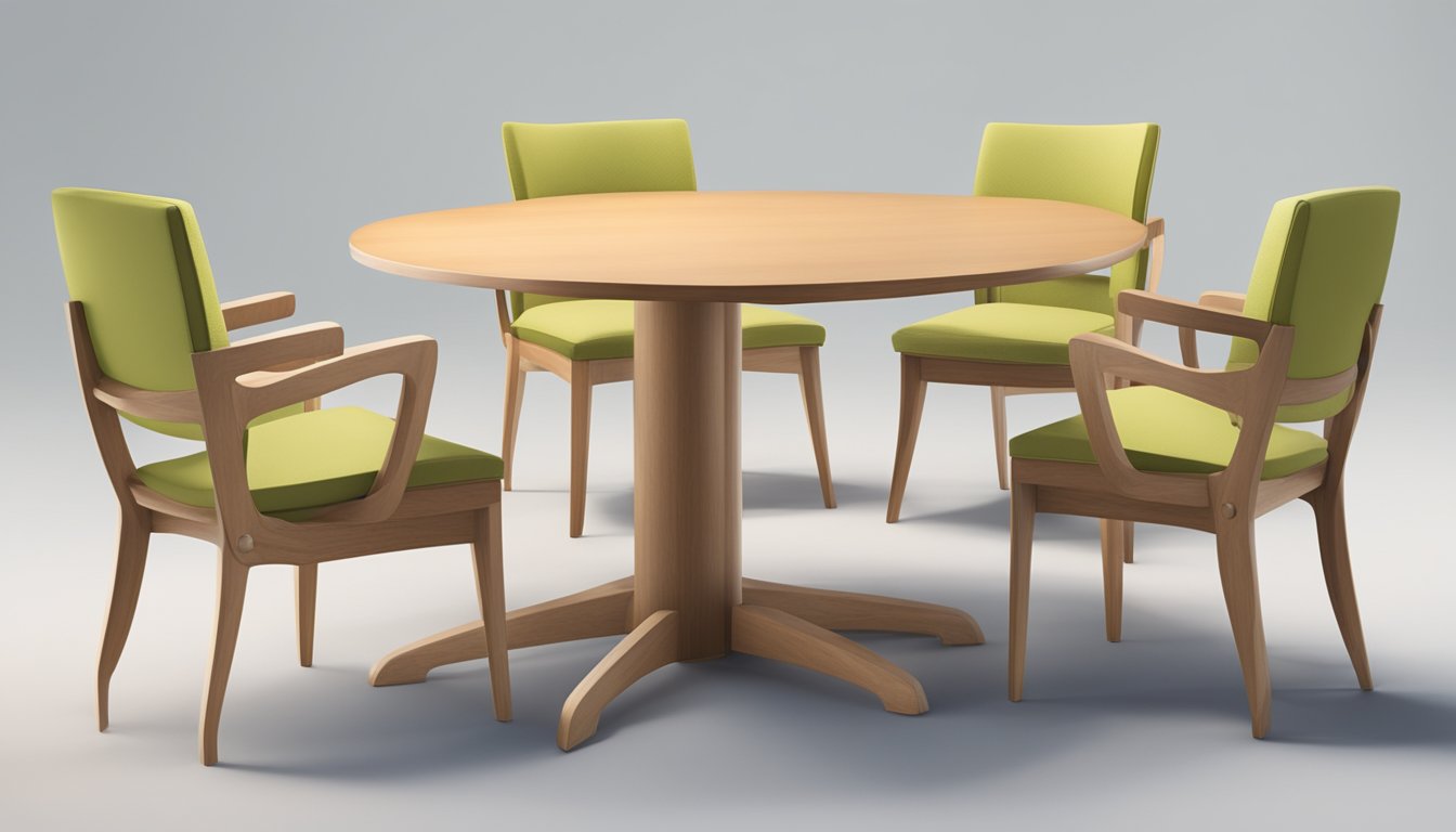 Four dining chairs arranged around a wooden table, each with a cushioned seat and a high backrest. The chairs are evenly spaced and positioned facing the table