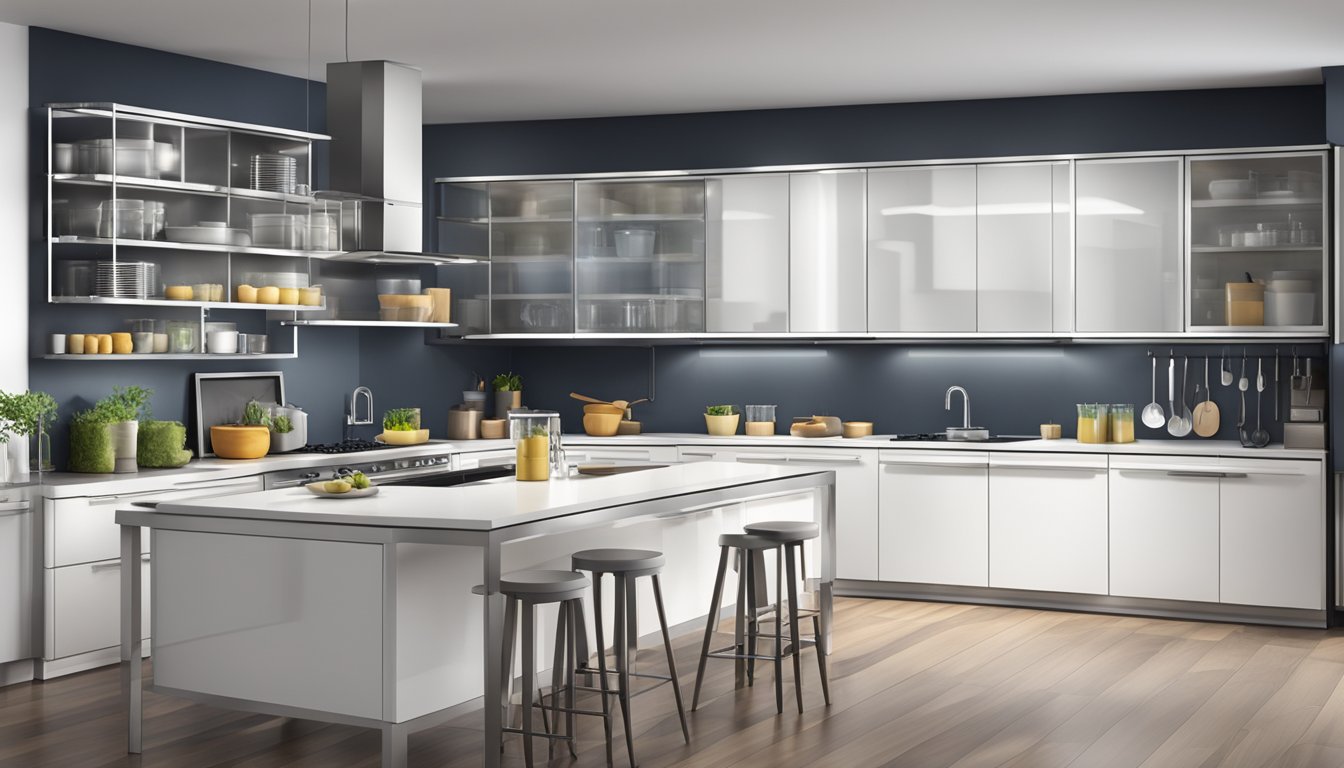 A modern kitchen with sleek, white portable cabinets made of stainless steel and glass. The cabinets are organized and filled with kitchen utensils and appliances