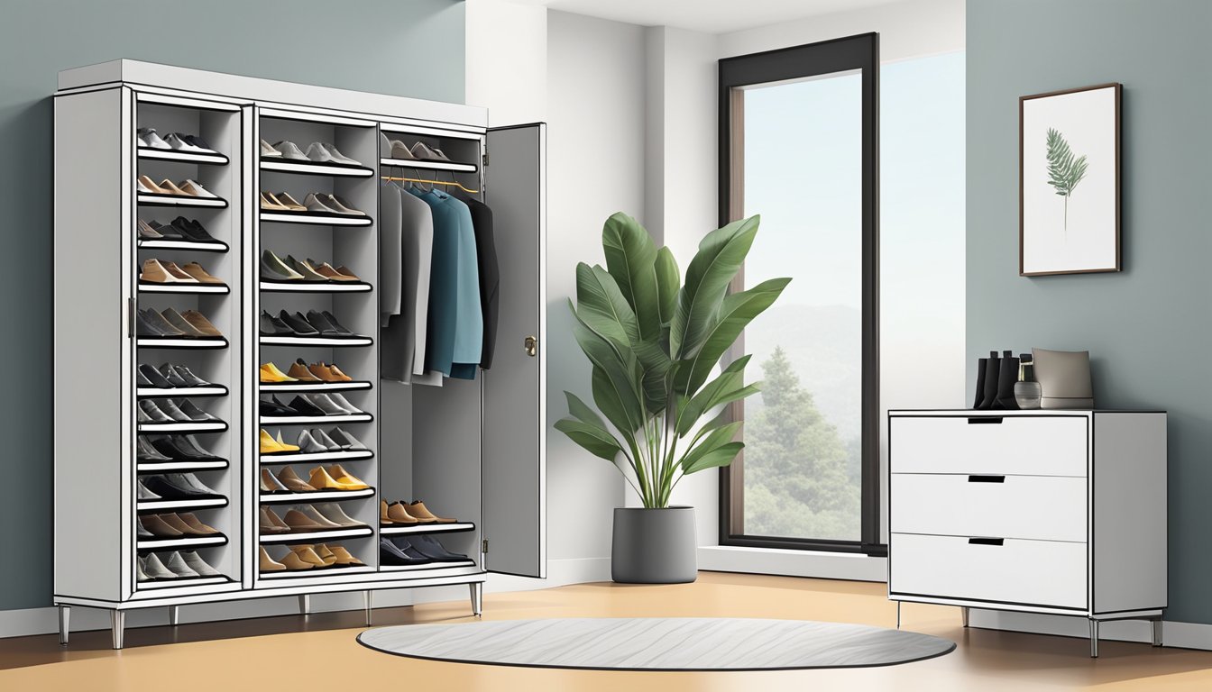 A modern, sleek shoe cabinet with multiple compartments, neatly organizing various pairs of shoes. The cabinet is placed against a clean, minimalist backdrop, creating a sense of organization and tidiness