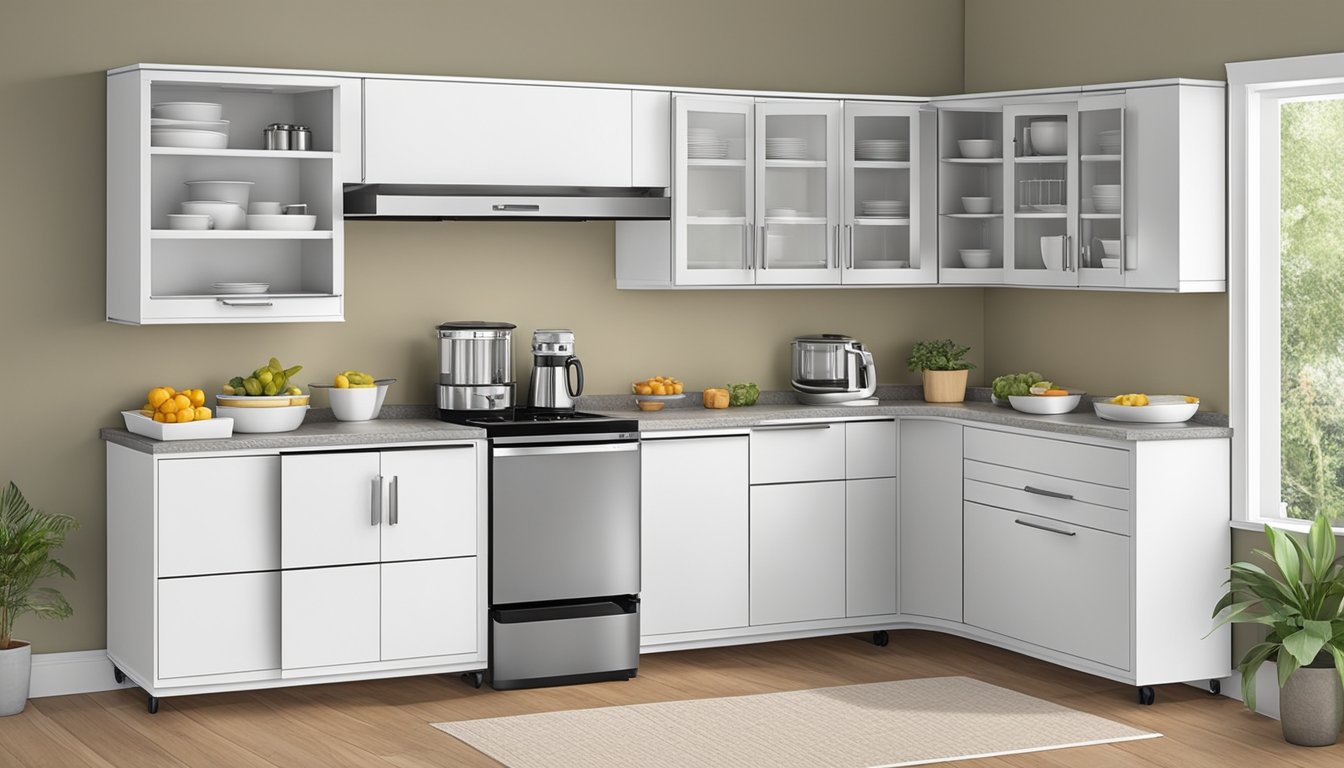 Portable kitchen cabinets are easily moved and adjusted to fit any space. Shelves and drawers slide in and out smoothly, while doors open and close with ease