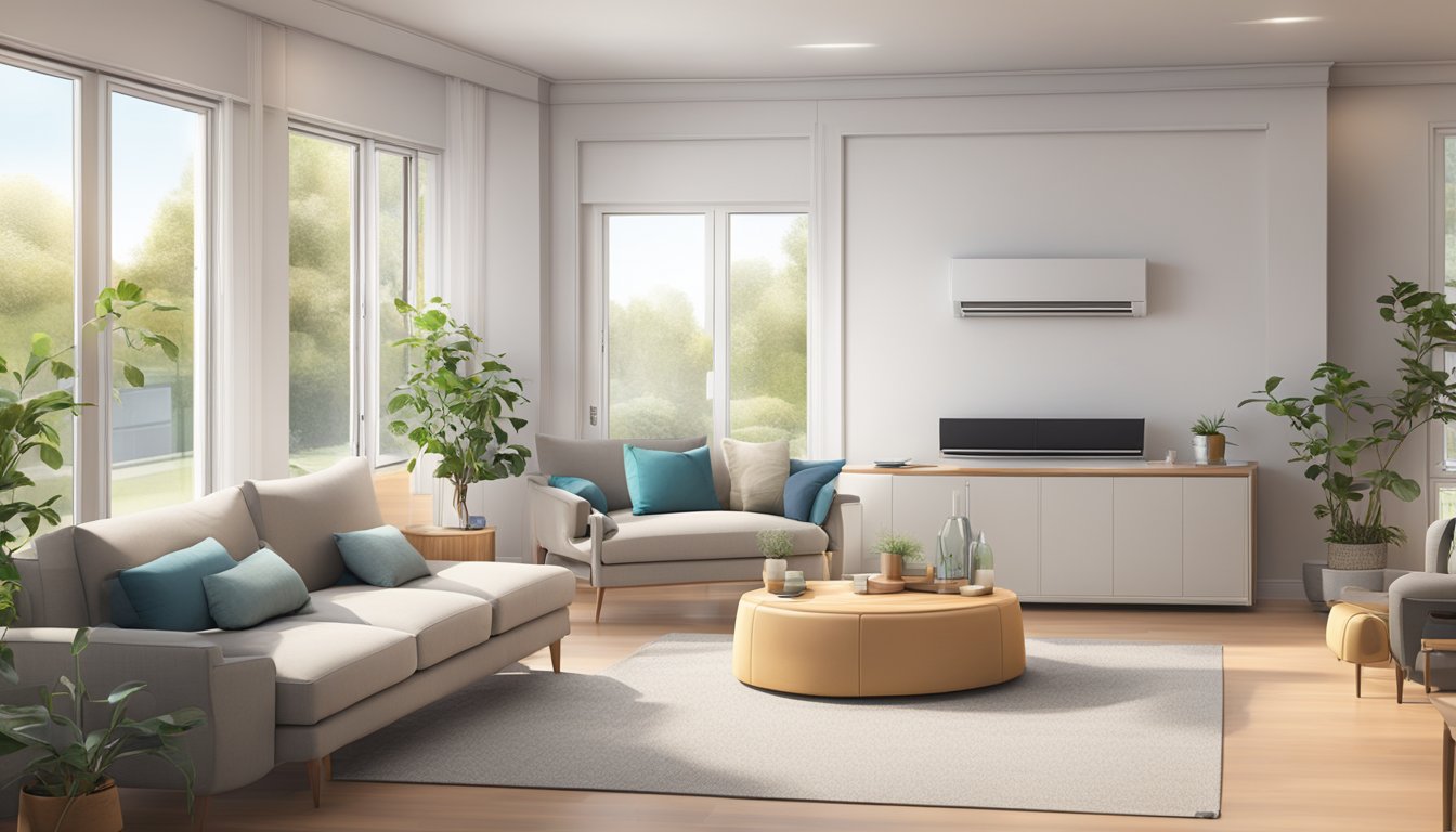 A living room with a Daikin aircon system 3 installed, surrounded by furniture and decor. The system is positioned on the wall with its control panel visible