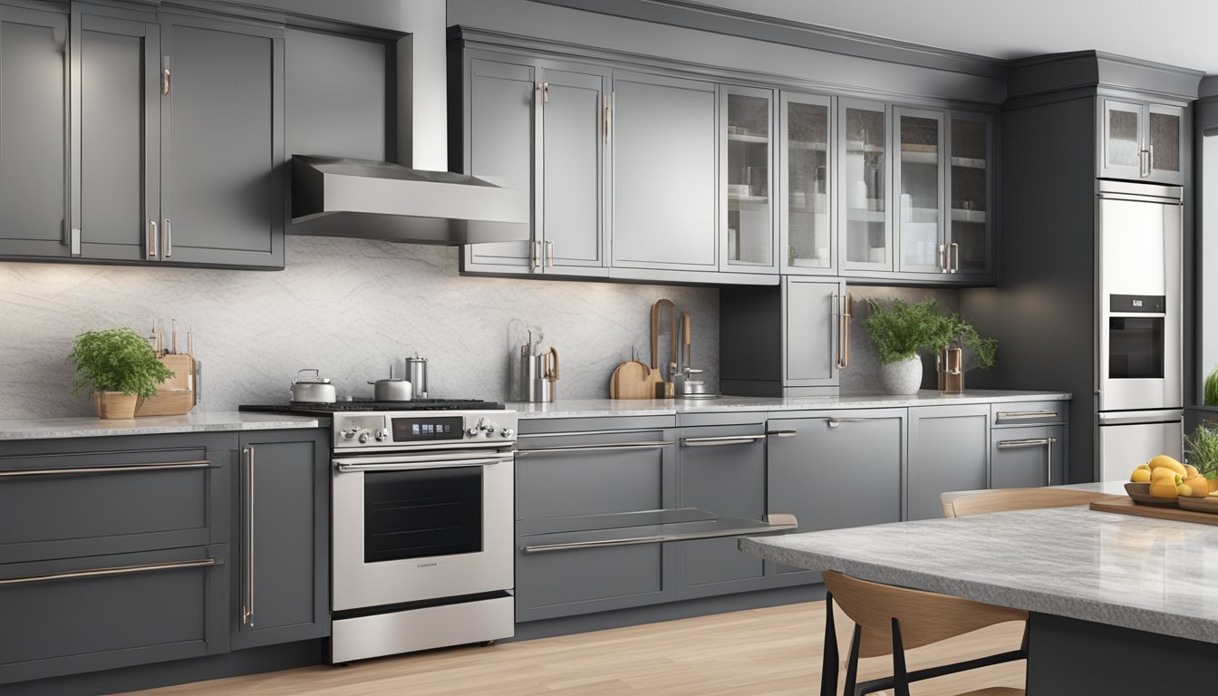 A sleek oven cabinet with stainless steel handles and a glass door, surrounded by modern kitchen appliances and a granite countertop