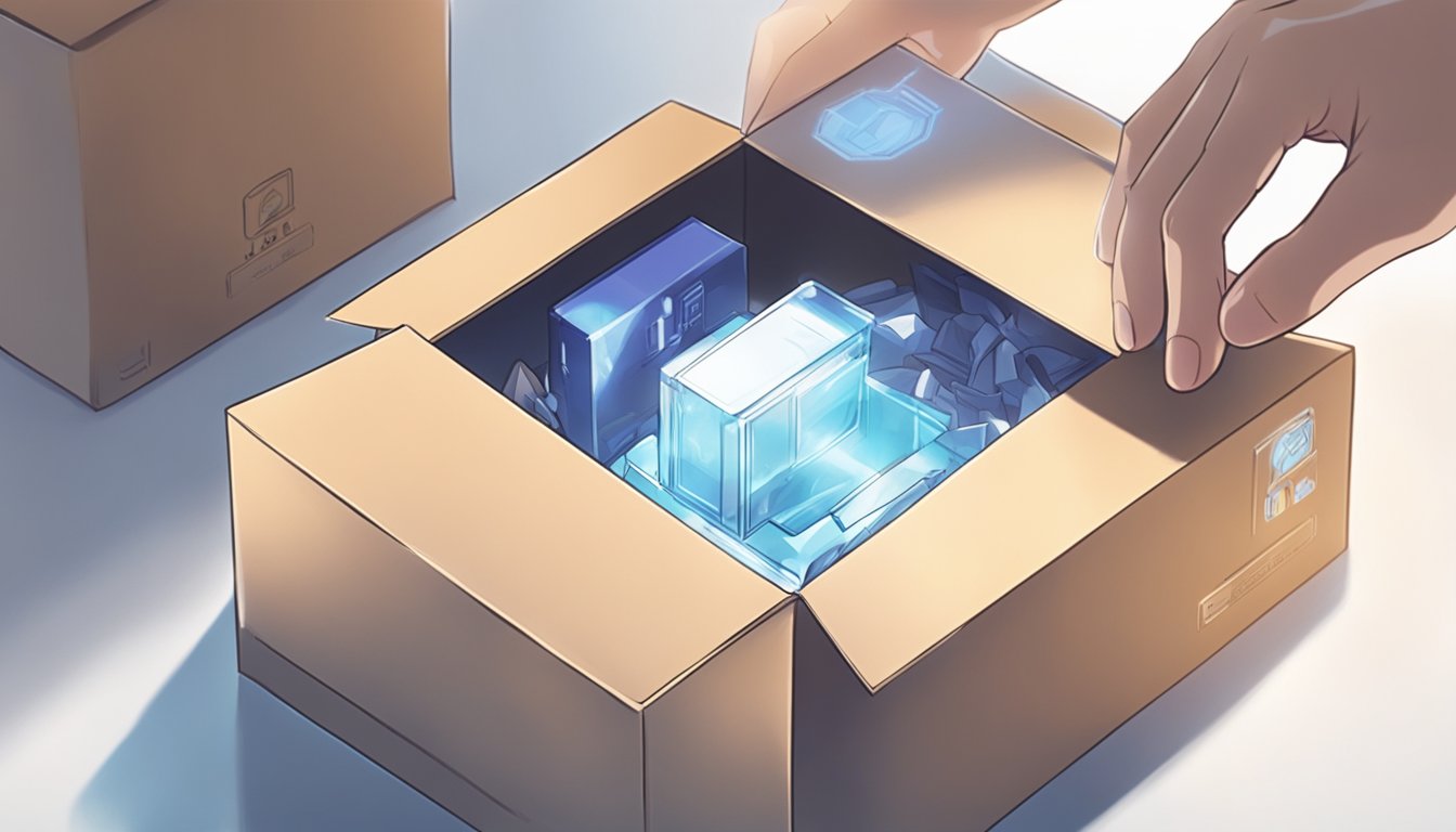 A hand reaches out to open a branded box, revealing a product inside. The scene is set against a clean, well-lit background, with the focus on the unboxing process