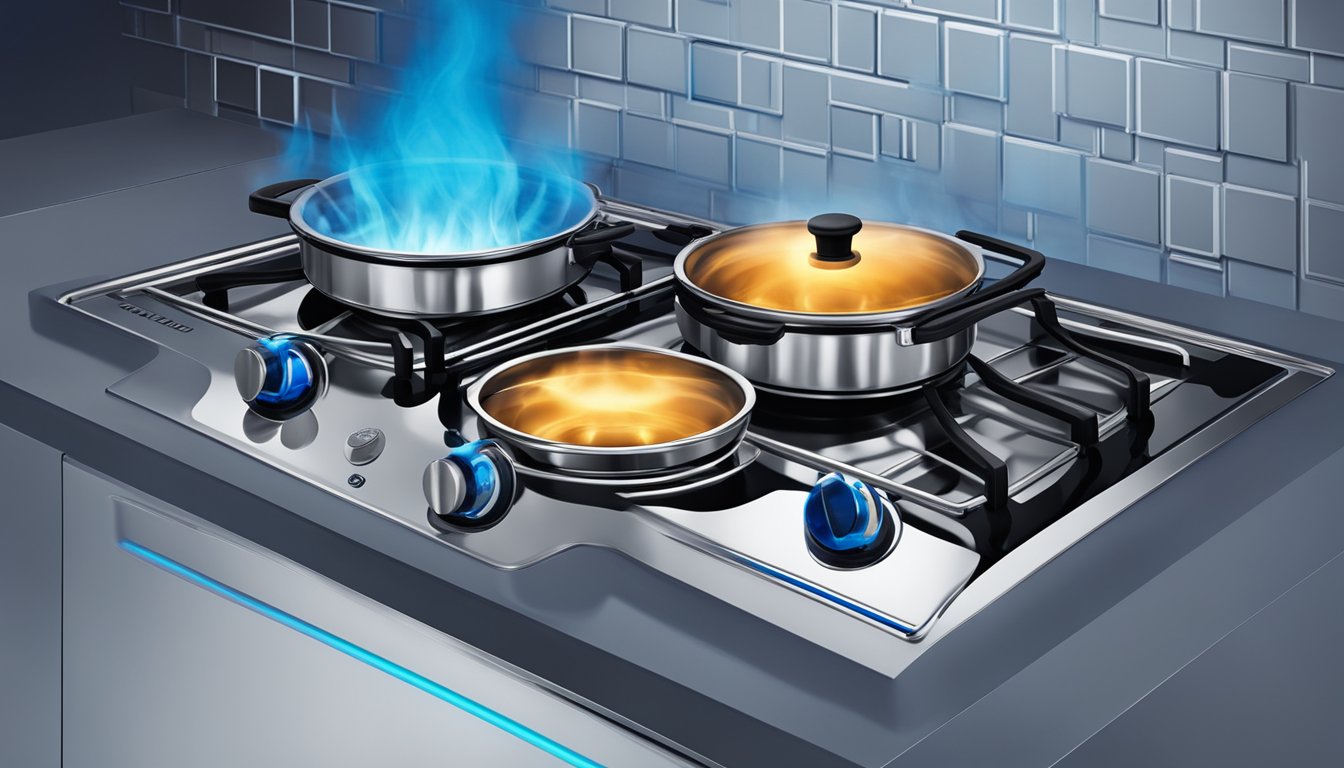 A smeg hob glowing with blue flames as a pot sits on top, steam rising