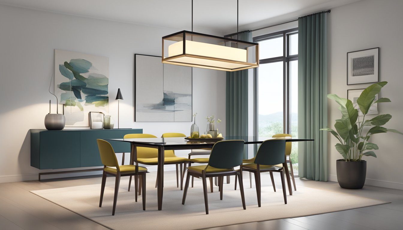 A sleek, rectangular dining table with a glass top, surrounded by four minimalist chairs. A hanging pendant light illuminates the table from above