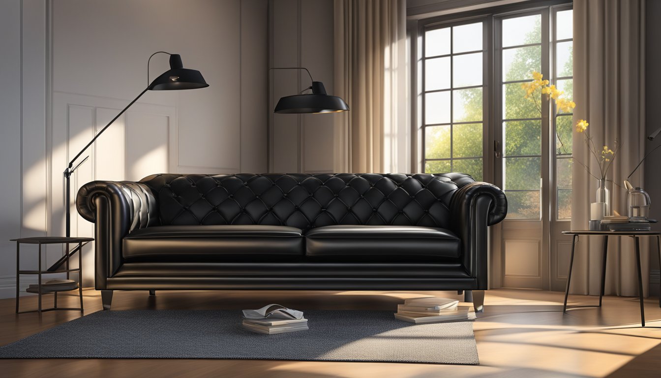 A faux leather sofa sits in a sunlit living room, its sleek black surface catching the light