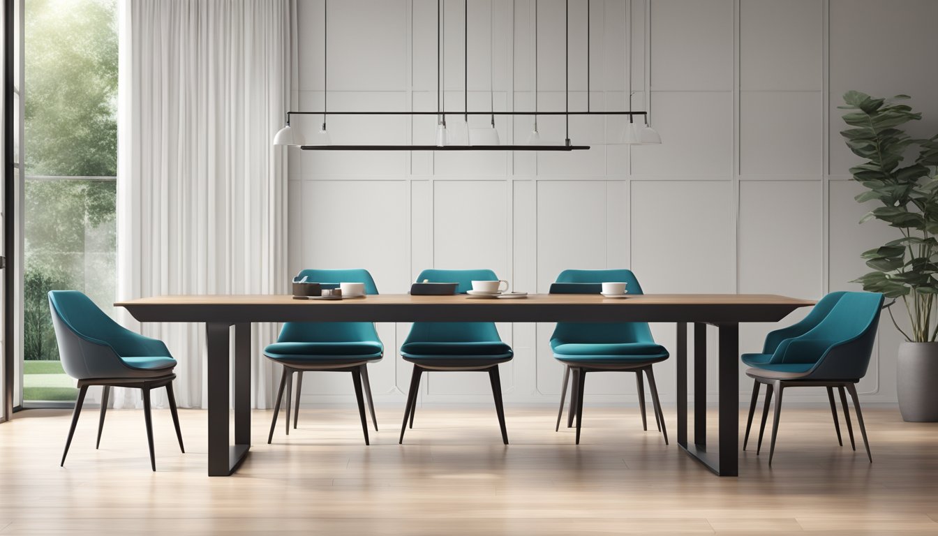 A sleek, minimalist dining table with clean lines and a glossy finish, surrounded by contemporary chairs in a well-lit, spacious room