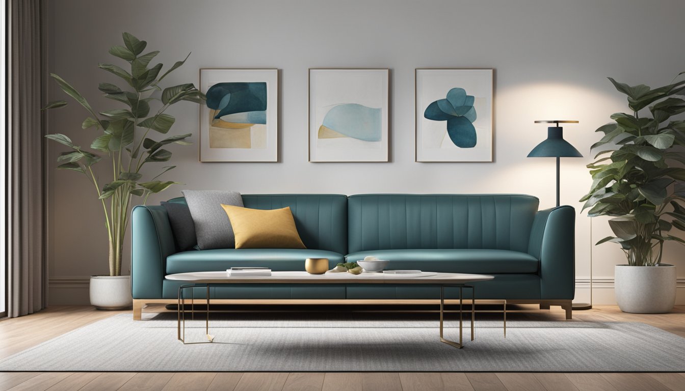 A sleek faux leather sofa sits against a modern backdrop, with clean lines and minimalistic design. The sofa exudes a sense of luxury and comfort, with its smooth texture and elegant appearance