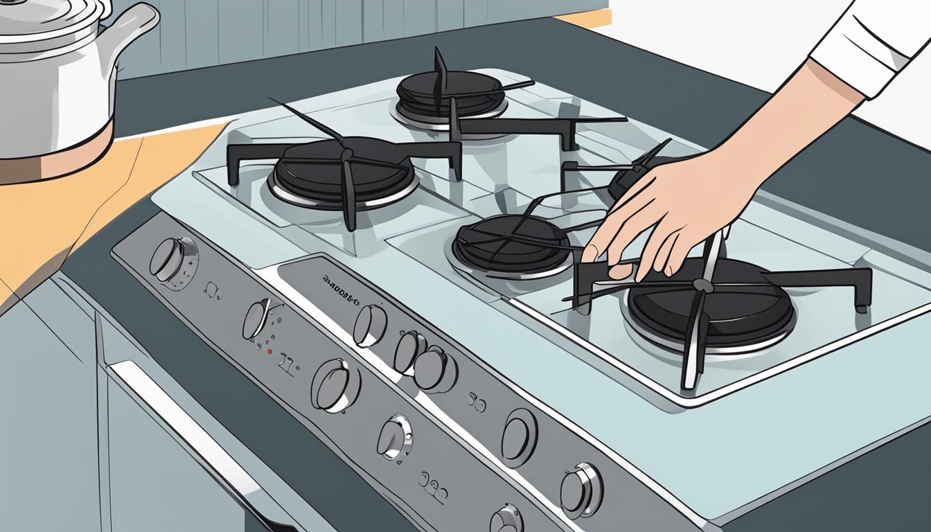 A hand reaches to adjust the control knobs on a sleek Smeg hob, with a pot simmering on one of the burners