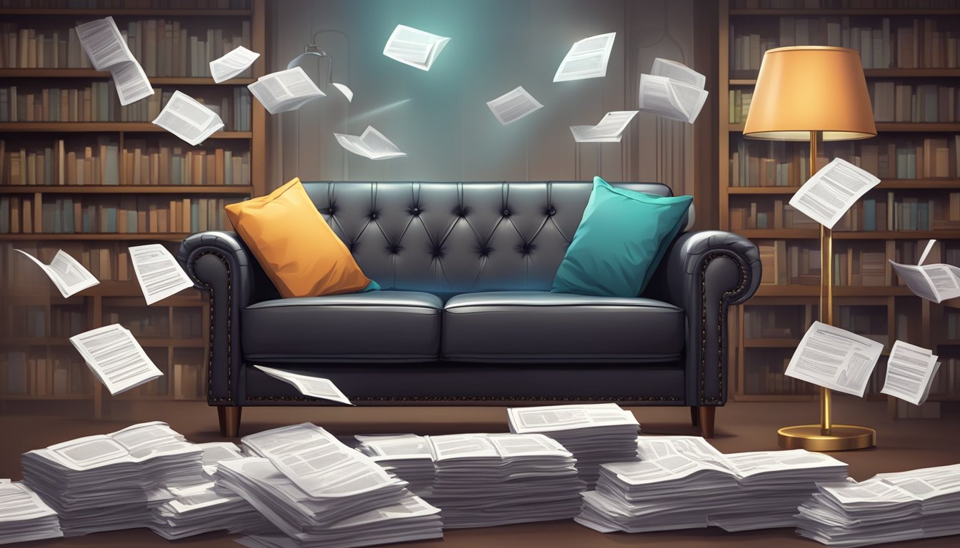 A faux leather sofa surrounded by a stack of Frequently Asked Questions pamphlets, with a spotlight shining on the sofa
