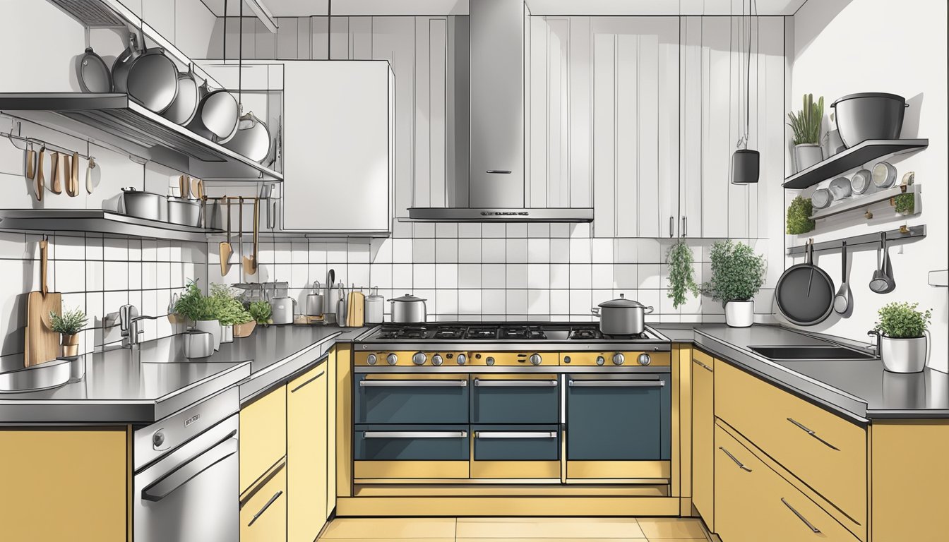 A sleek, modern kitchen with a shining Smeg hob as the focal point, surrounded by pots, pans, and utensils