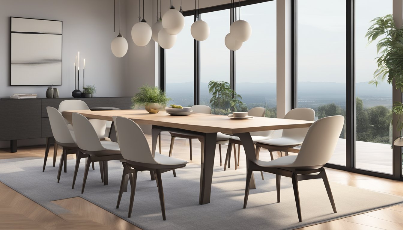 A sleek, minimalist dining table with clean lines and a polished surface, surrounded by contemporary chairs