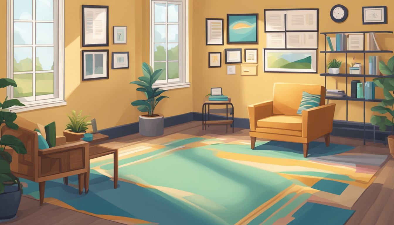 A therapist's office with a desk, chair, and cozy seating area. A diploma hangs on the wall. The room is bright and welcoming