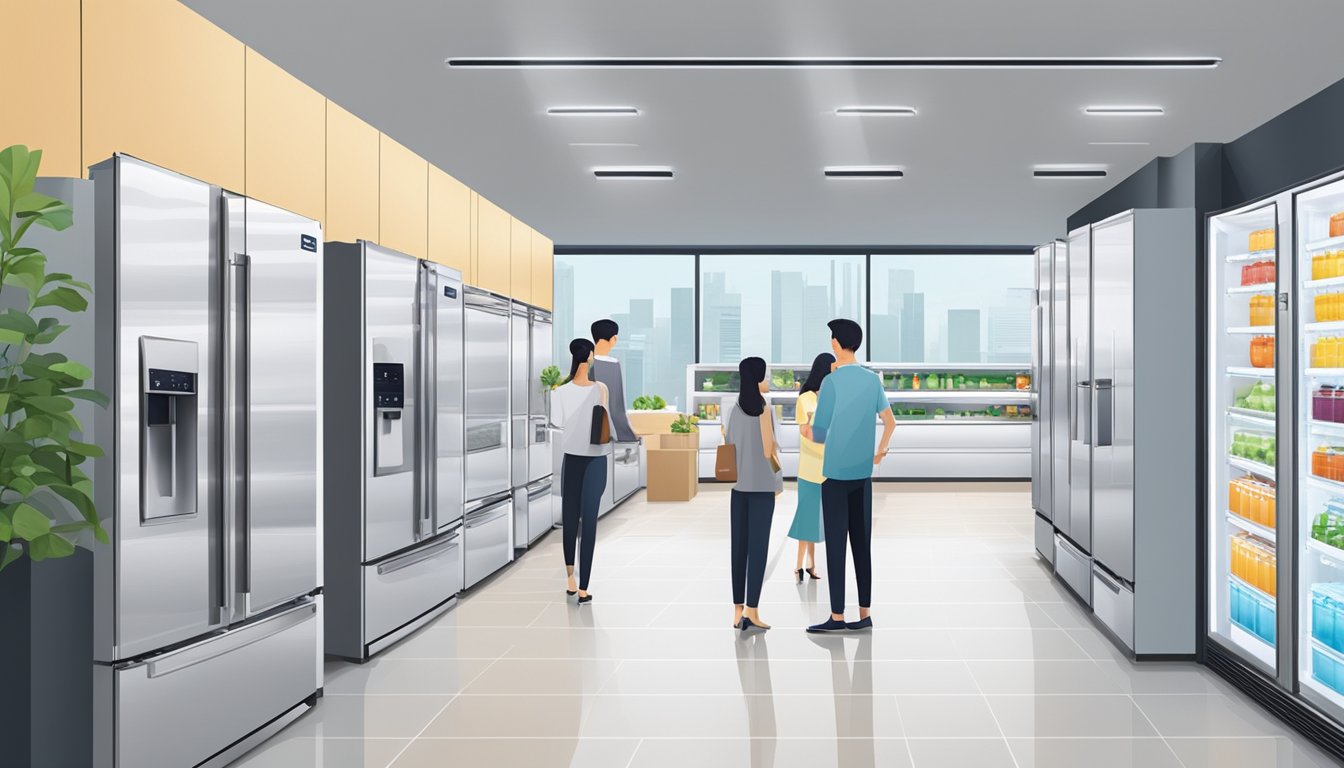 A bright and spacious appliance showroom in Singapore, with rows of sleek and modern refrigerators on display. Customers browsing and interacting with sales staff