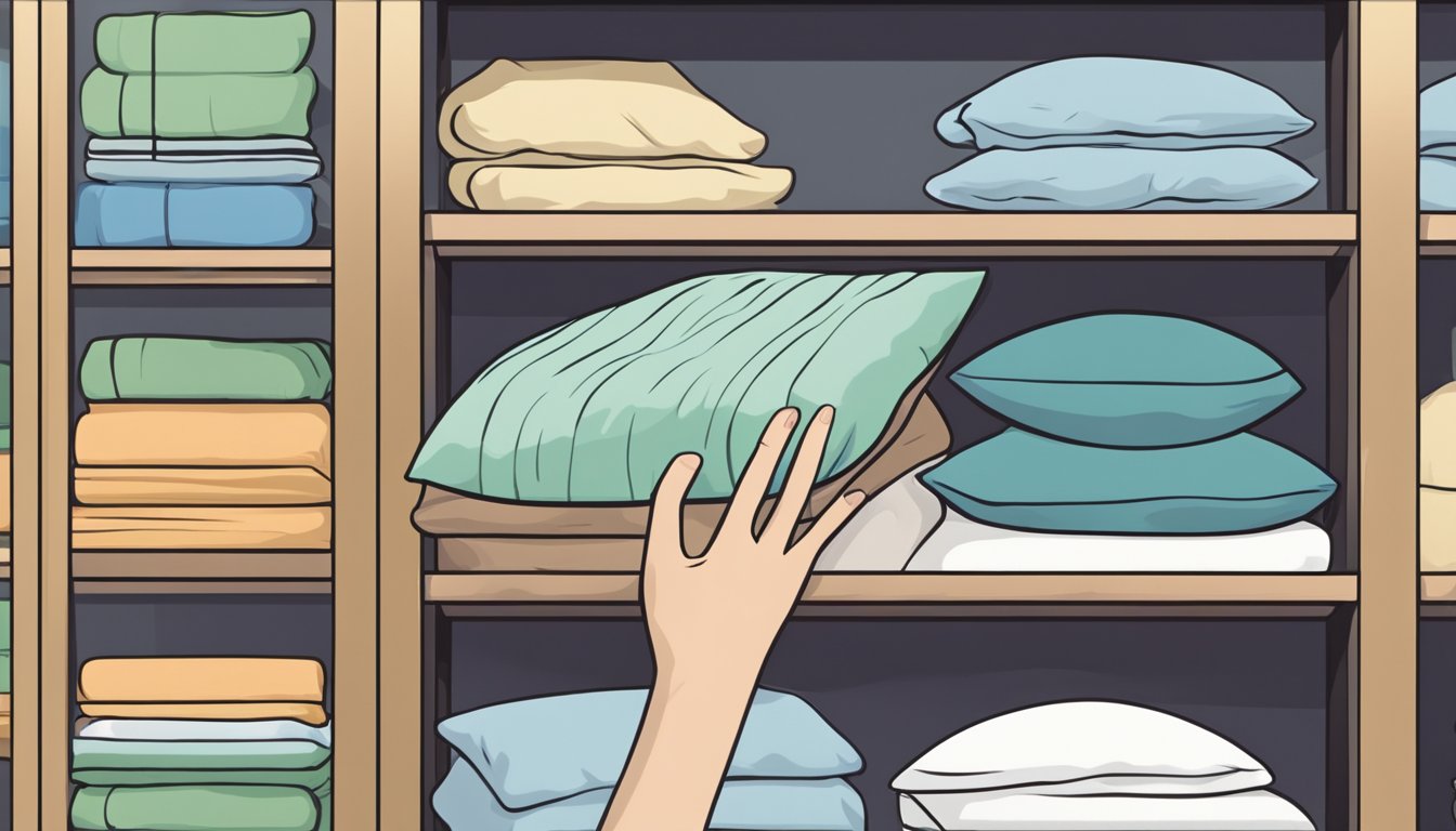 A hand reaches for a memory foam pillow on a shelf in a Singapore store. The pillow is surrounded by other bedding products, and the shelves are neatly organized