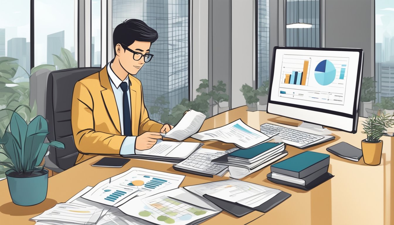 A therapist in Singapore calculates income with charts, graphs, and financial documents in a modern office setting