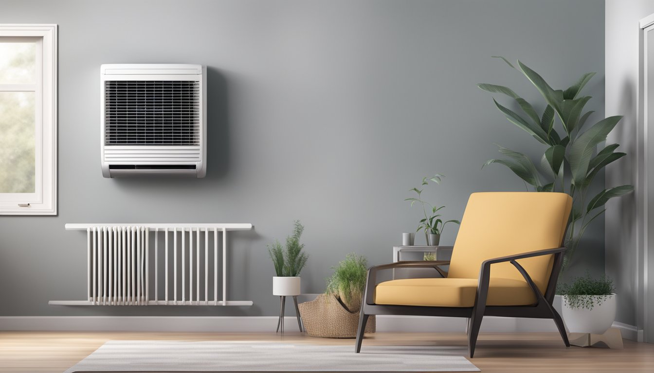 A sleek, modern air conditioner hums quietly as cool air flows from its vents, creating a comfortable atmosphere in the room