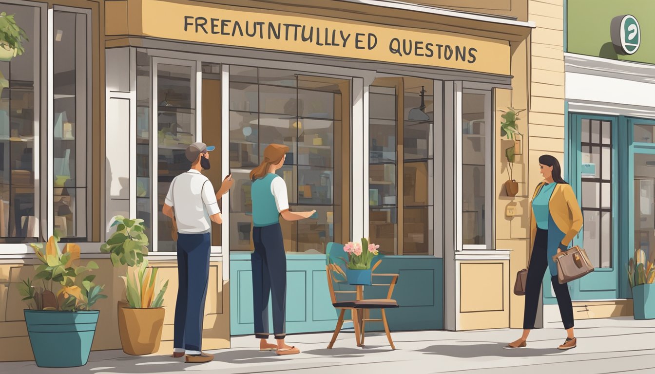 A sign reads "Frequently Asked Questions" near a furniture shop entrance. Customers browse items while a salesperson assists a couple