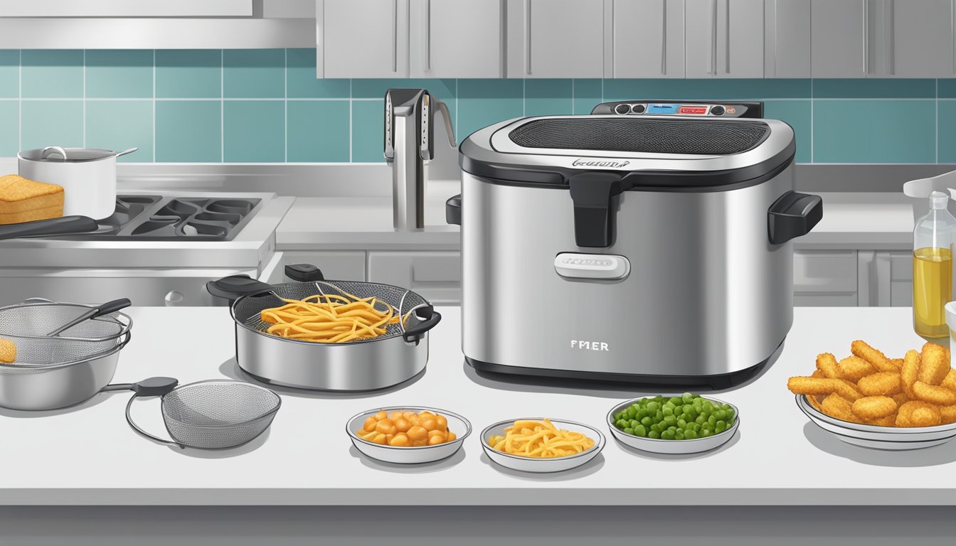 A stainless steel deep fryer sits on a clean, white countertop, surrounded by various cooking utensils. The fryer is plugged in and ready to use, with a basket nearby for frying