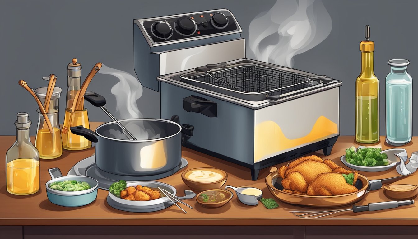 A deep fryer sizzling with hot oil, surrounded by various cooking utensils and ingredients. A thermometer is inserted into the oil to monitor the temperature