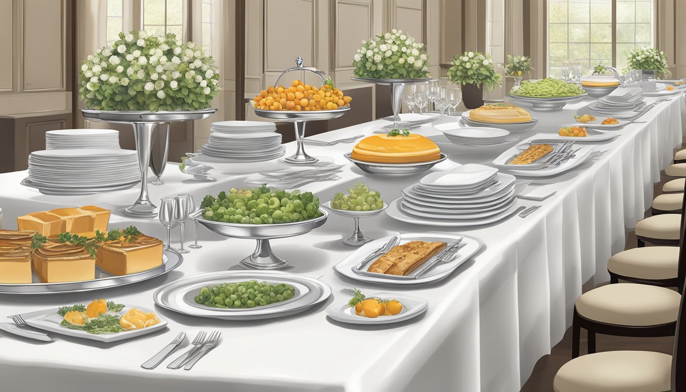 A well-organized buffet table displays an array of elegant serving platters, polished silverware, and pristine linen napkins