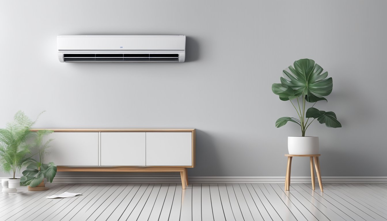 A sleek, modern air conditioner sits atop a clean, white wall. Cool air flows out from the vents, creating a refreshing atmosphere