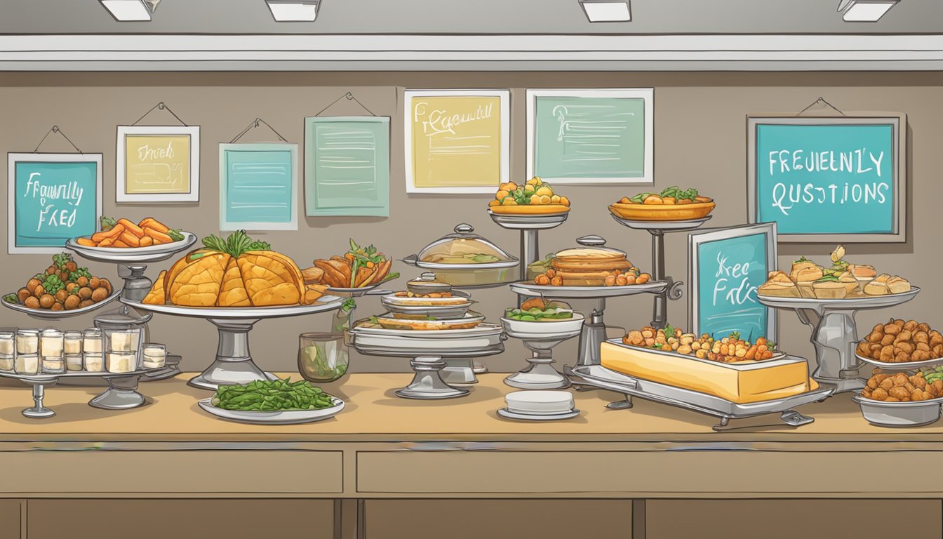 A buffet table with neatly arranged food items and signage for "Frequently Asked Questions" displayed prominently