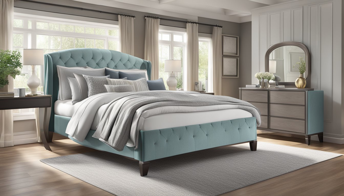 A queen size bed, 60 inches wide and 80 inches long, sits in a spacious bedroom with luxurious bedding and elegant decor