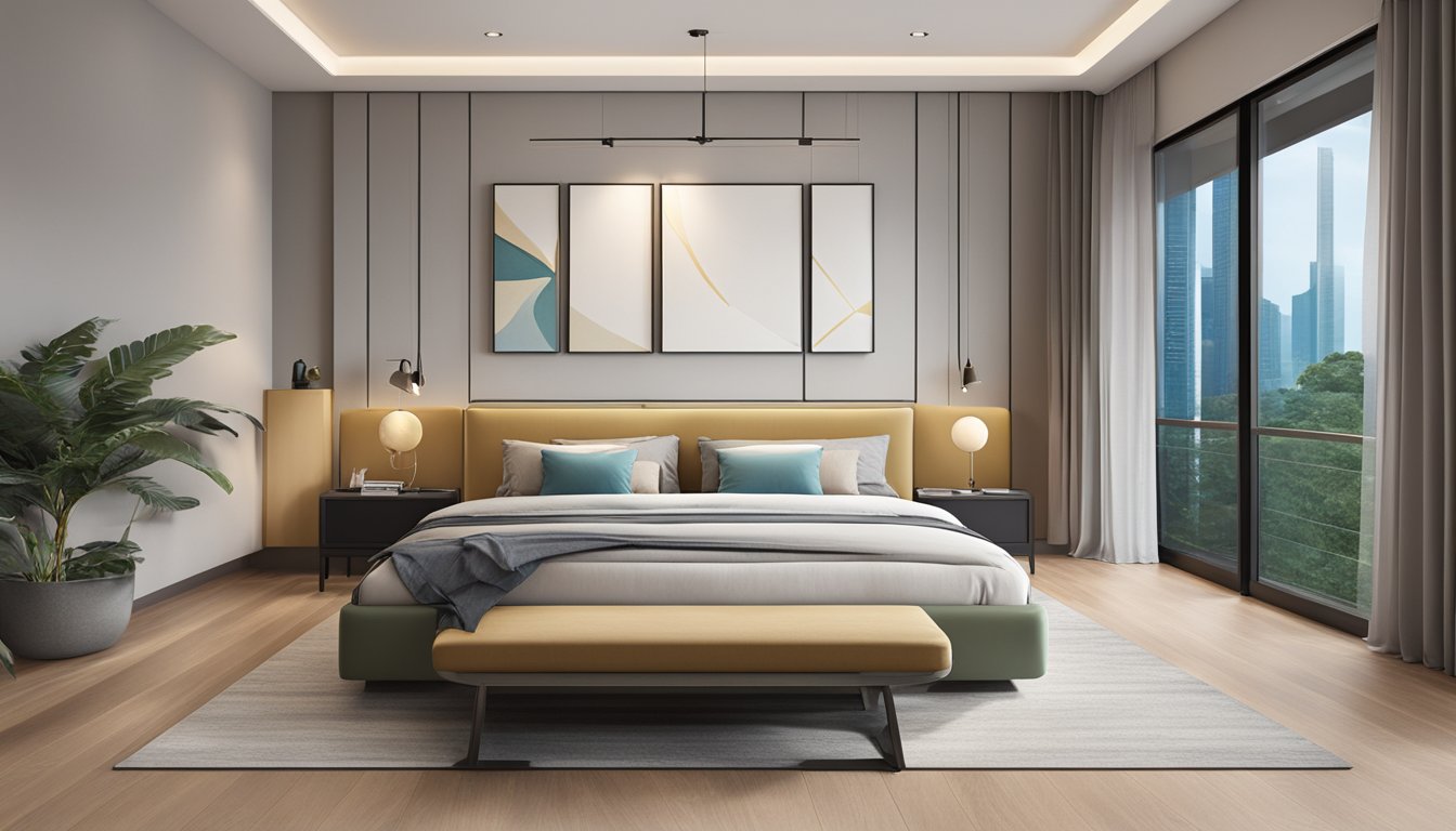 A queen size bed with dimensions of 60 inches wide and 80 inches long, set against a clean, modern bedroom backdrop in Singapore