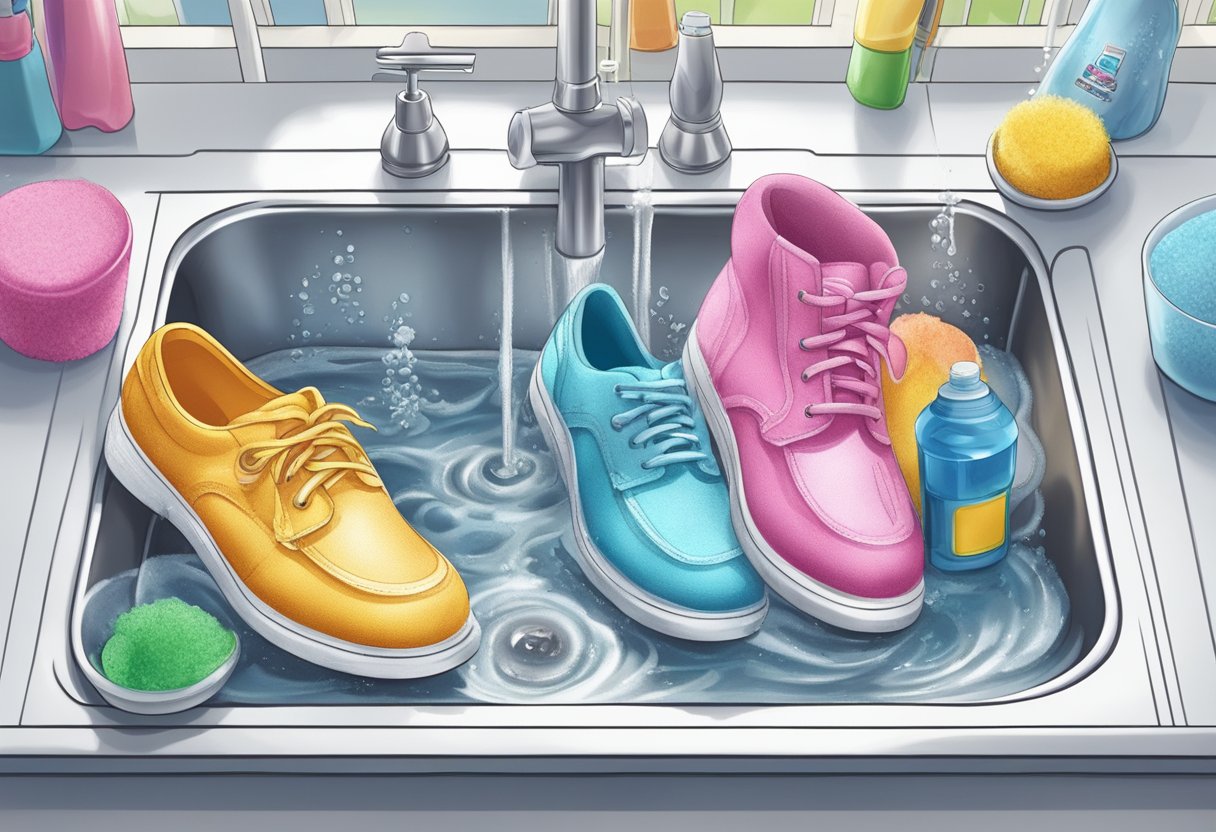 A pair of Skecher shoes being gently washed with a mild detergent and a soft brush, with water running over them in a sink