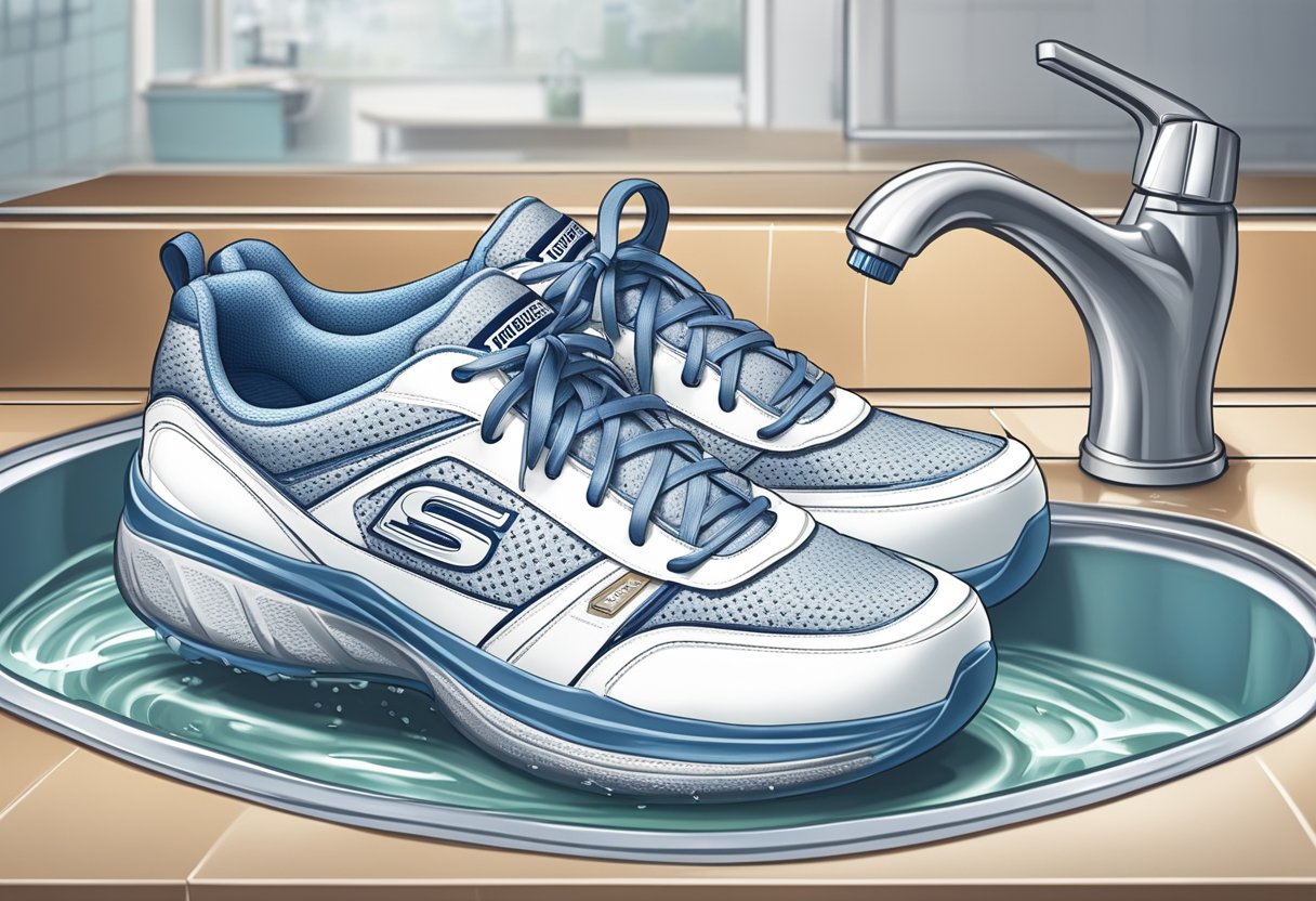 A pair of Skecher shoes placed in a sink with running water and a gentle detergent nearby, ready for washing