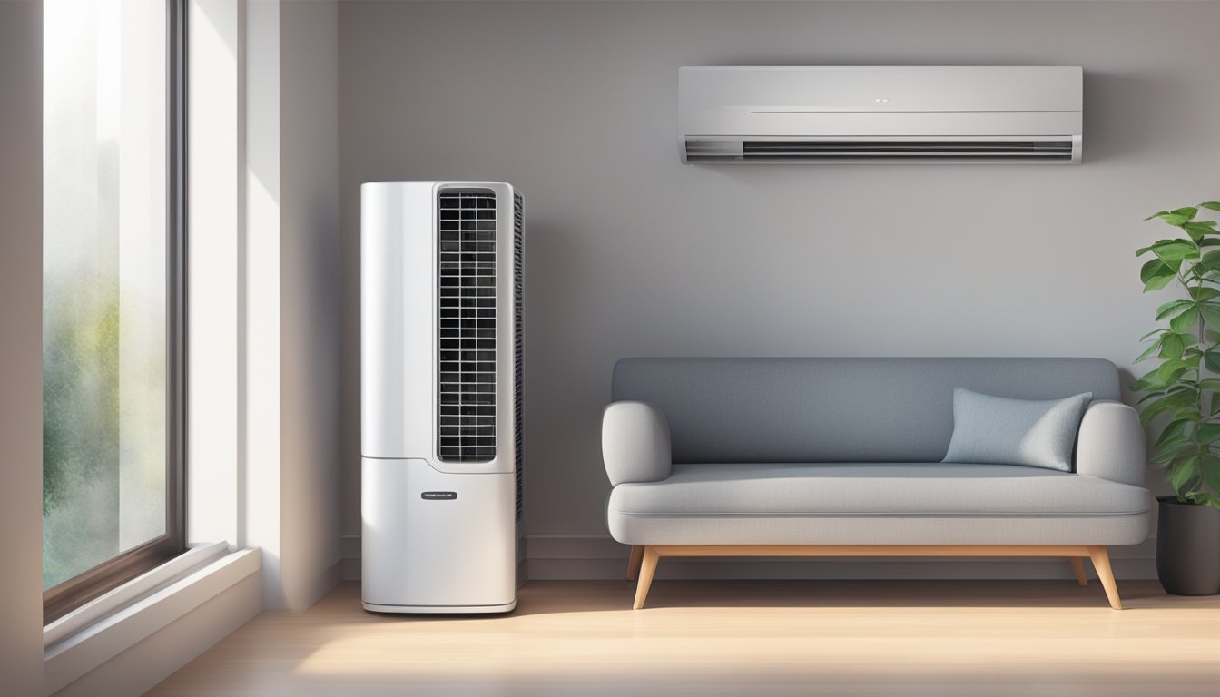 A sleek, modern air conditioner sits on a window sill, surrounded by a clean and well-organized room. The unit is powered on and emitting a cool breeze