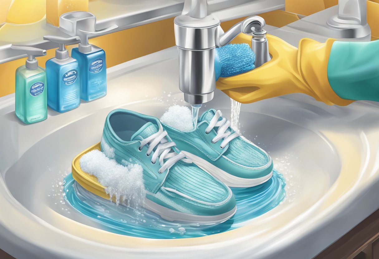A pair of Skecher shoes being scrubbed with soap and water under a running faucet