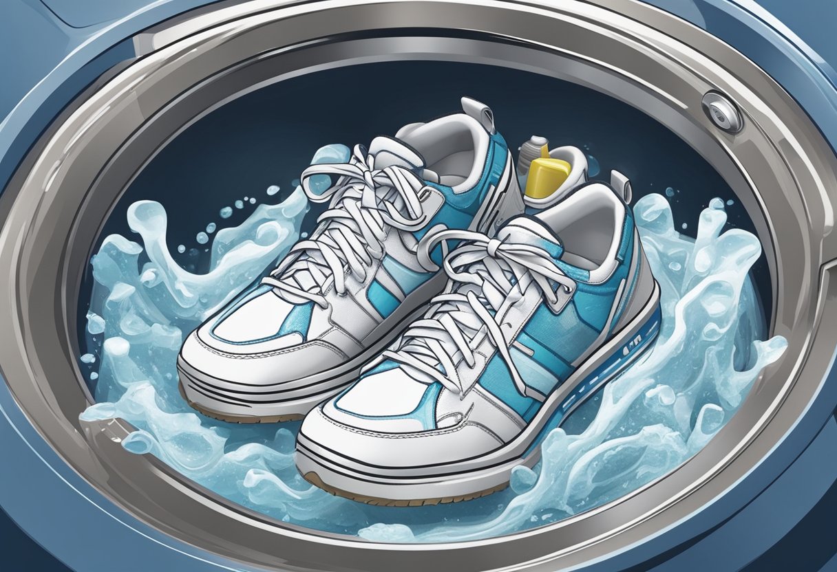 Skecher shoes placed in a washing machine with detergent and set to a gentle cycle. Water fills the machine as the shoes spin and clean