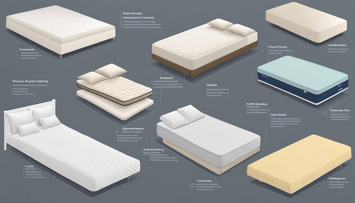 Various mattresses displayed in a showroom, including memory foam, innerspring, and latex. Labels describe features and benefits