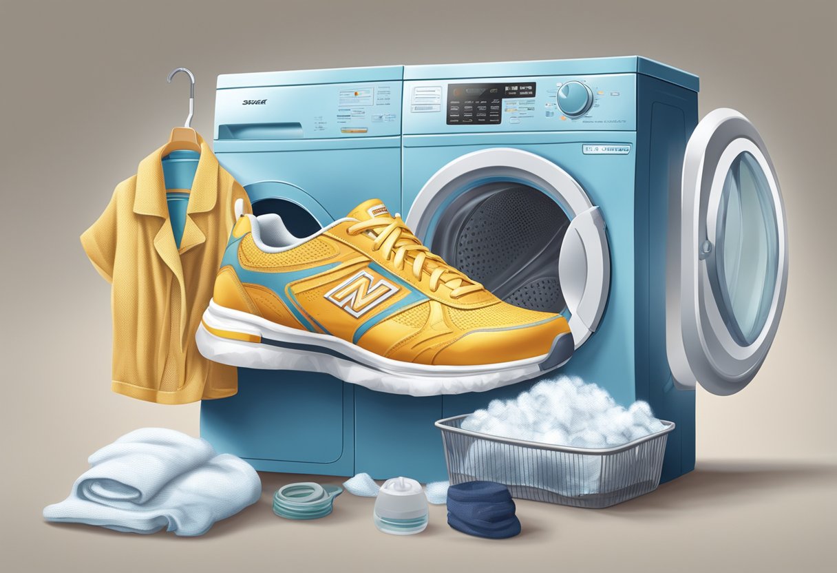 A pair of Skecher shoes placed on a mesh laundry bag, being washed in a washing machine with mild detergent, and air-dried away from direct sunlight